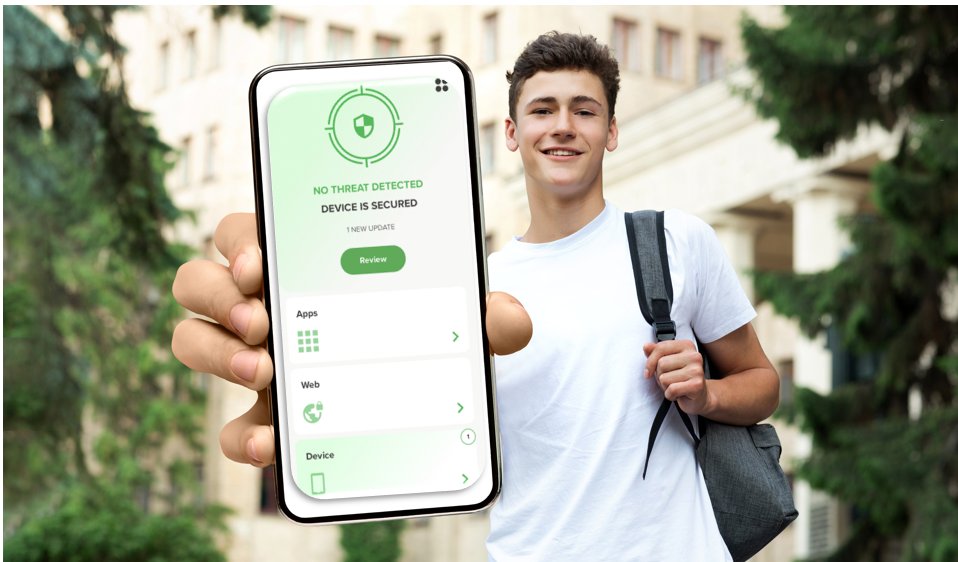 Student holding a phone showing CampusCyberShield reporting the device is secured