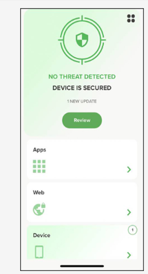 MTD home screen — no threat detected, device is secured