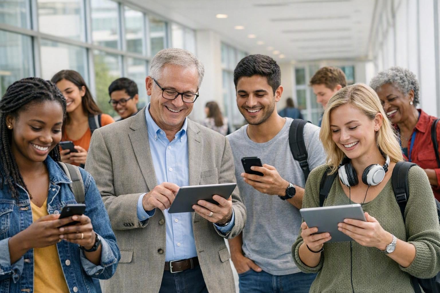 Students, faculty, and staff using phones and tablets on campus